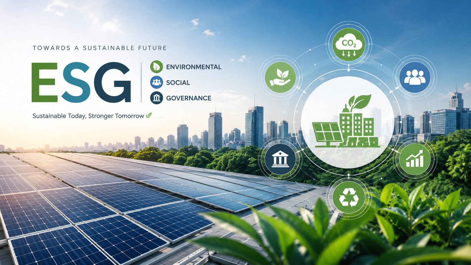 Title graphic: How solar supports ESG goals, showing sustainability icons over a solar farm