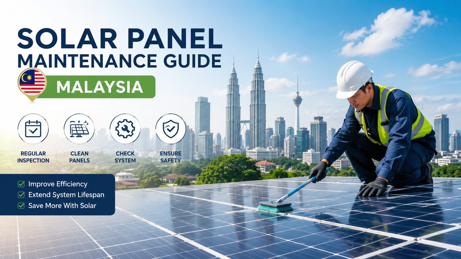 Title graphic: Solar Panel Maintenance Guide Malaysia, showing a technician cleaning rooftop solar panels