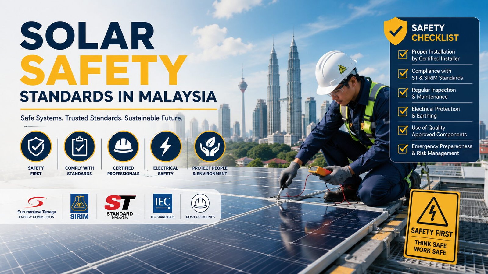 Title graphic: Solar Safety Standards in Malaysia, showing installers in safety gear beside rooftop solar panels