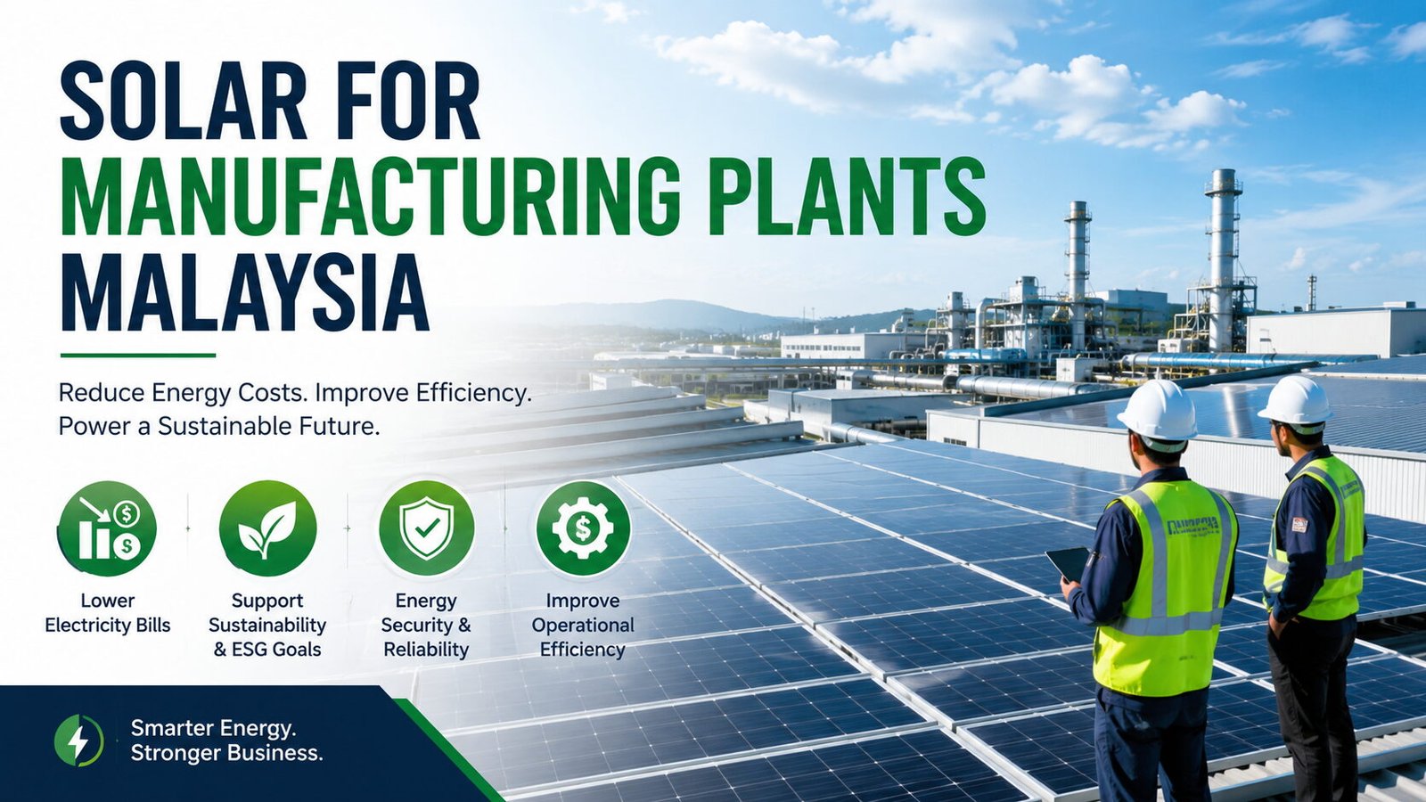 Title graphic: Solar for Manufacturing Plants Malaysia, showing engineers walking between rows of factory rooftop solar panels