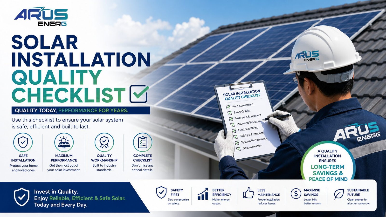 Title graphic: Solar Installation Quality Checklist, showing an installer reviewing a checklist on site