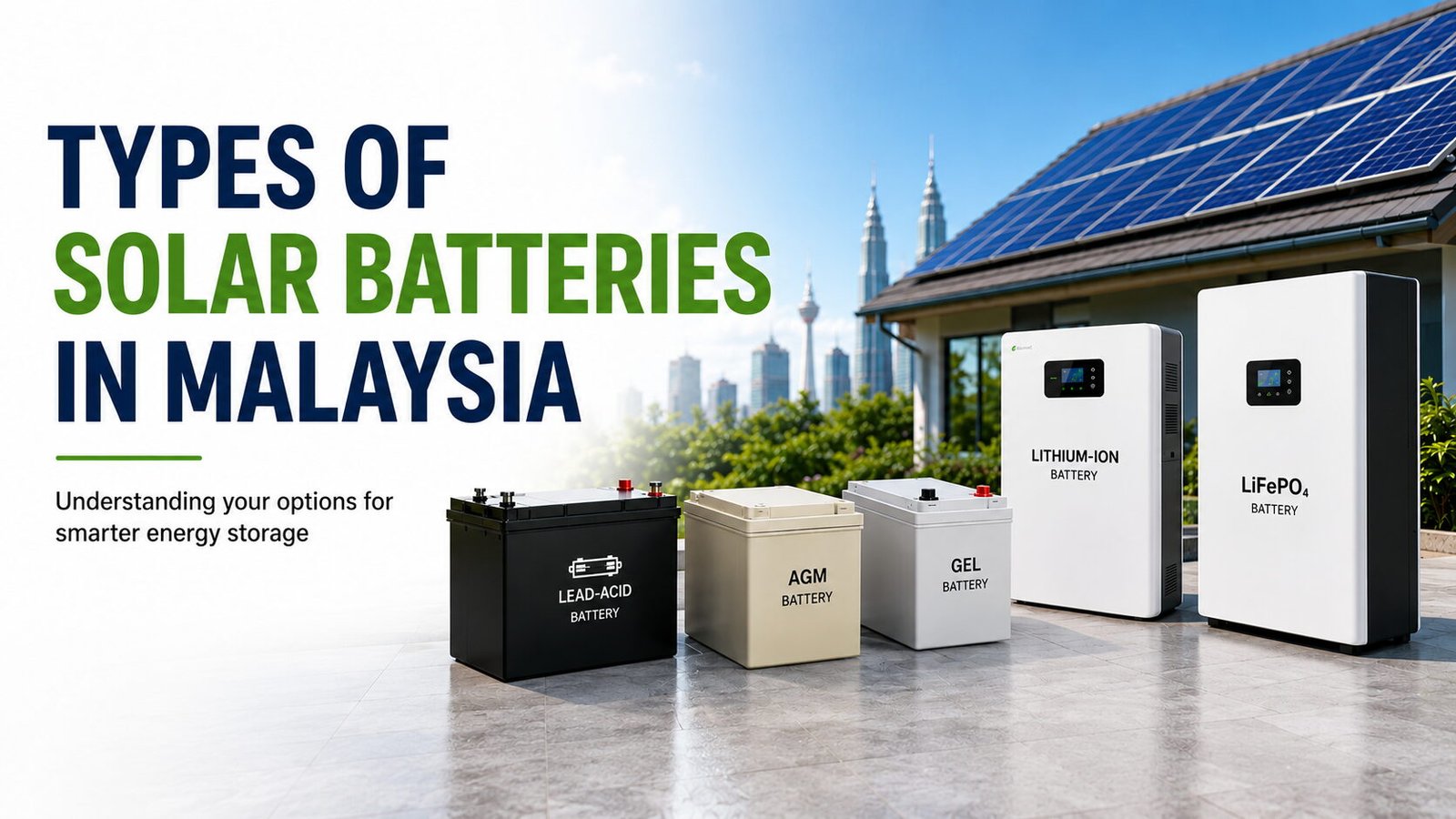 Title graphic: Types of Solar Batteries in Malaysia, showing three battery storage units in front of solar panels