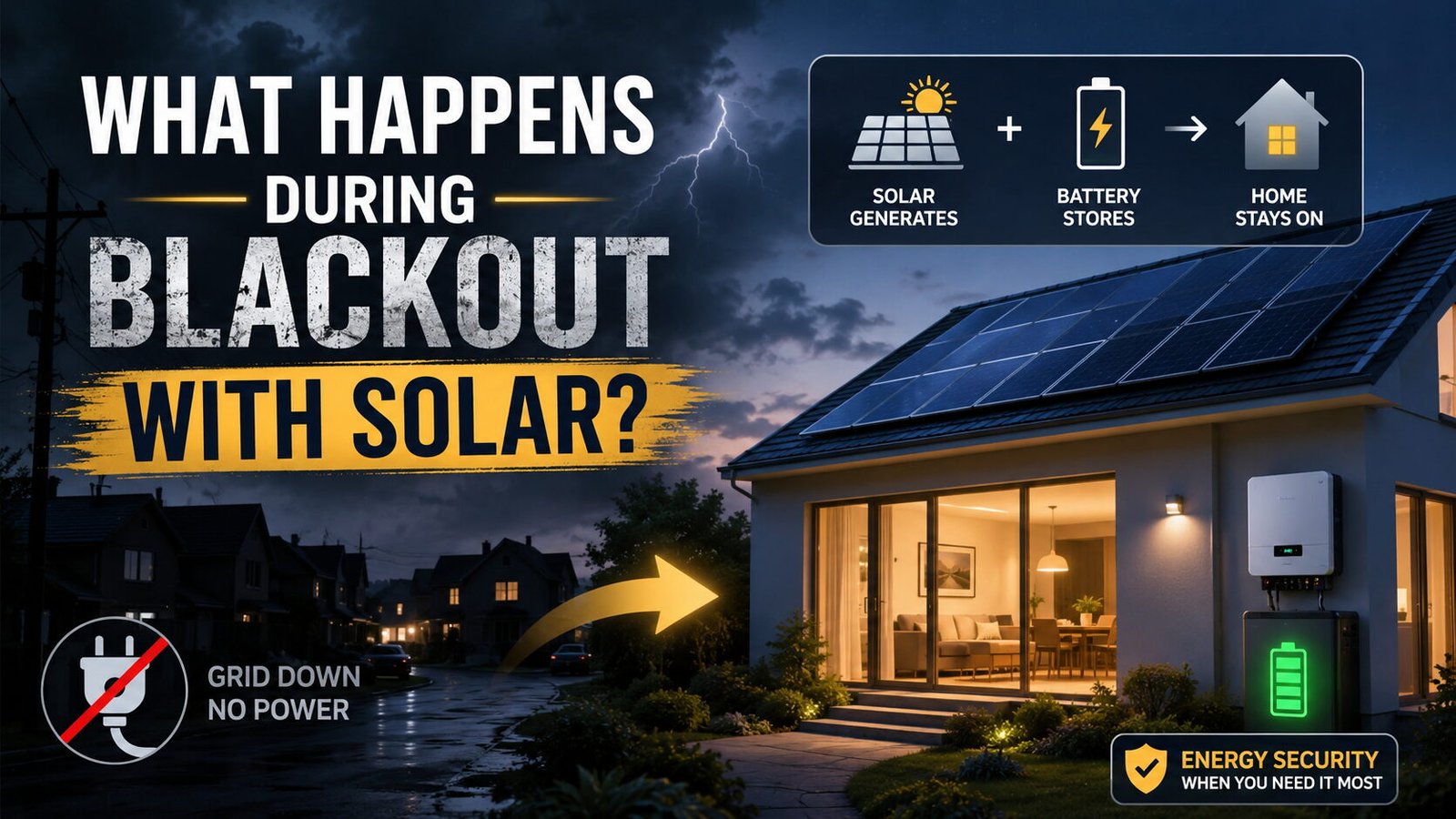 Title graphic: What Happens During Blackout With Solar, showing a Malaysian home lit up at night on battery backup