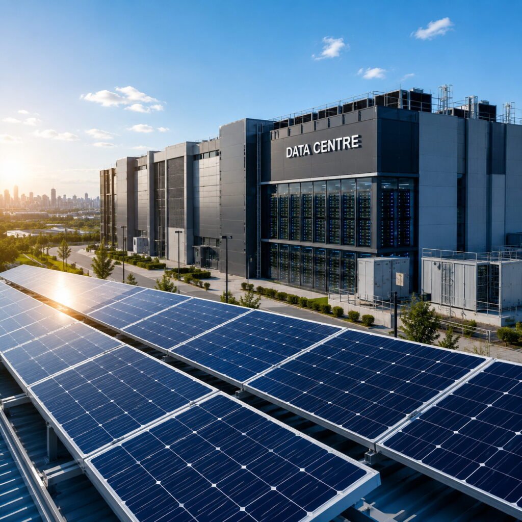 pusat data moden dengan panel solar